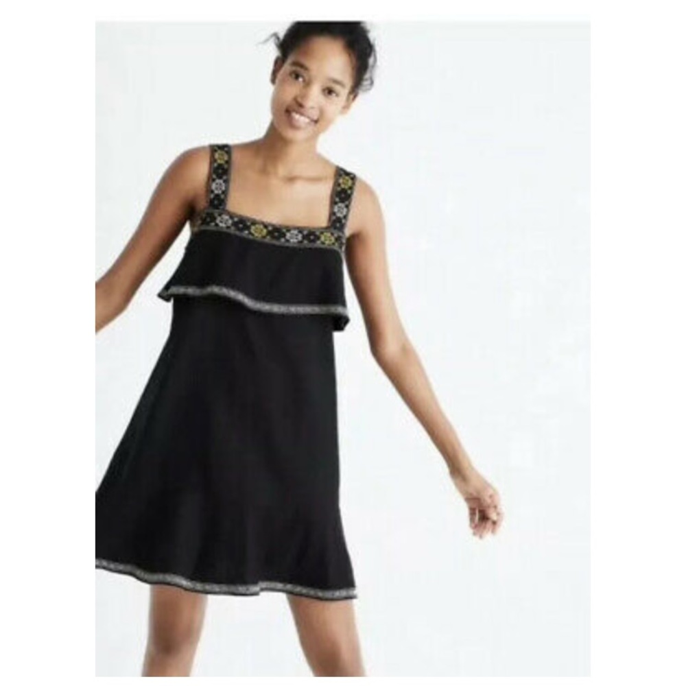 MADEWELL black ruffle embroidered square neck mini dress small